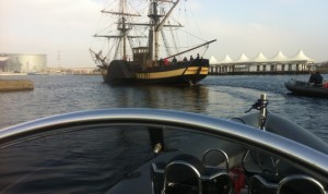 Filming safety boat london royal docks